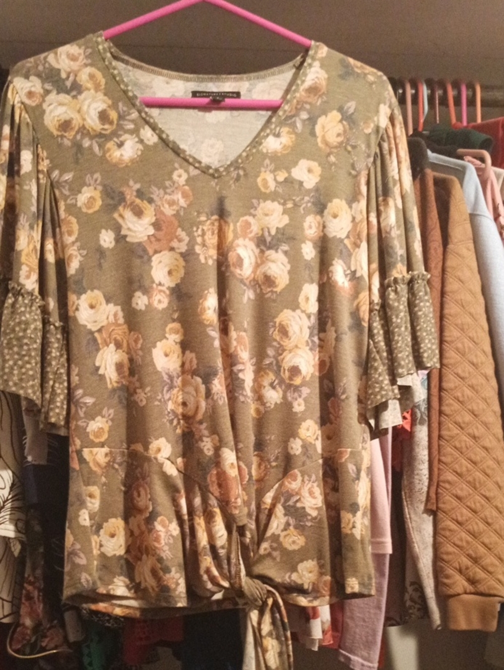 Floral Tie-Front Women's Top - Olive Green